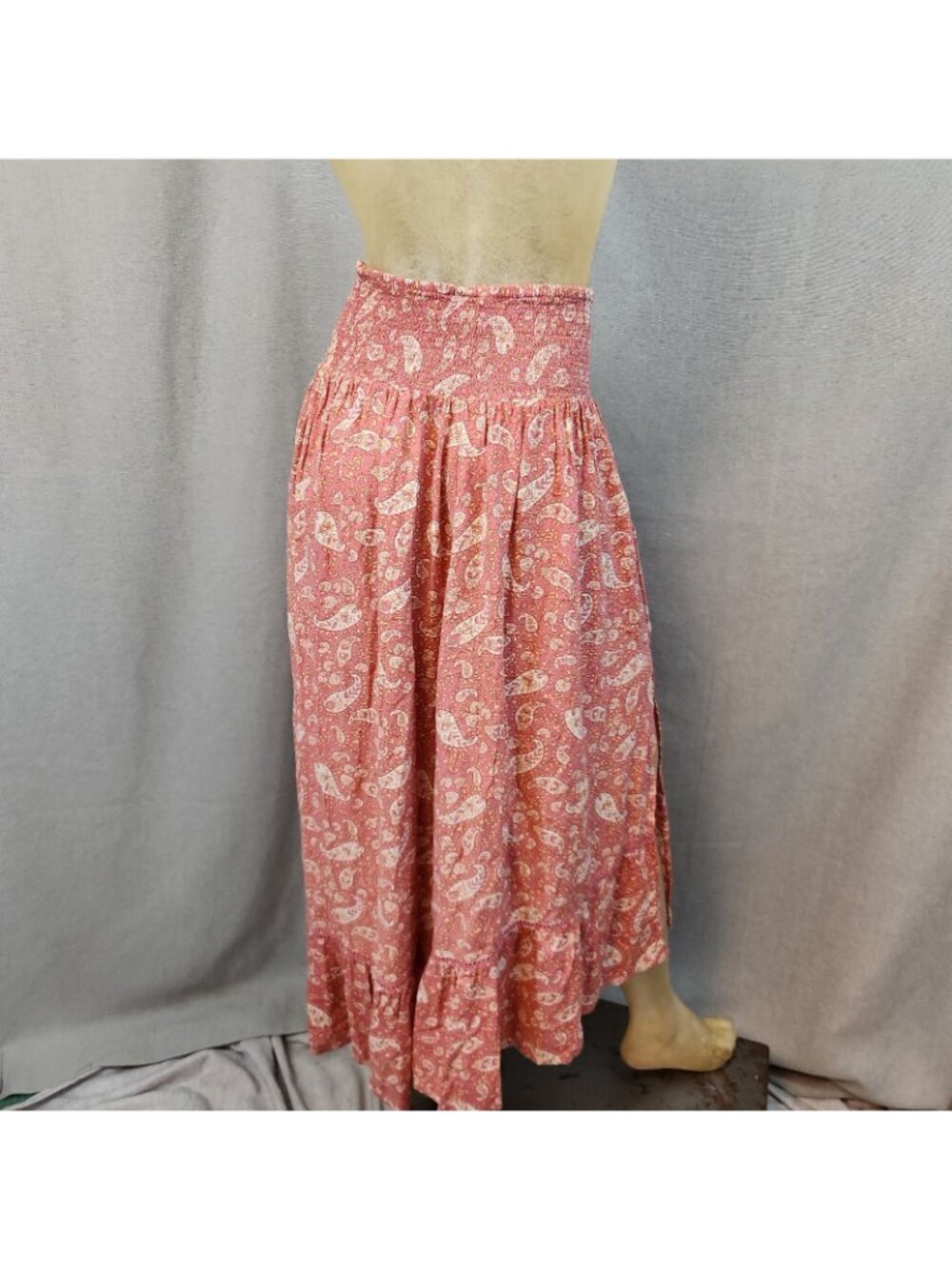 Italian Connection Pink Paisley Elastic Waist Midi Skirt MEDIUM LARGE Side Slit - Picture 5 of 7